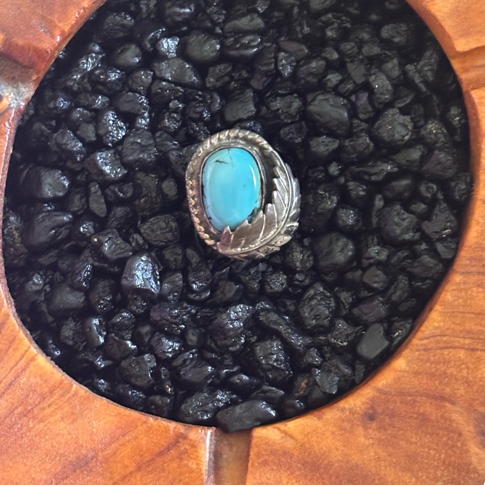 Vintage Native Made Turquoise & Silver Leaf Ring -Blue Statement Ring Patina Sz6
